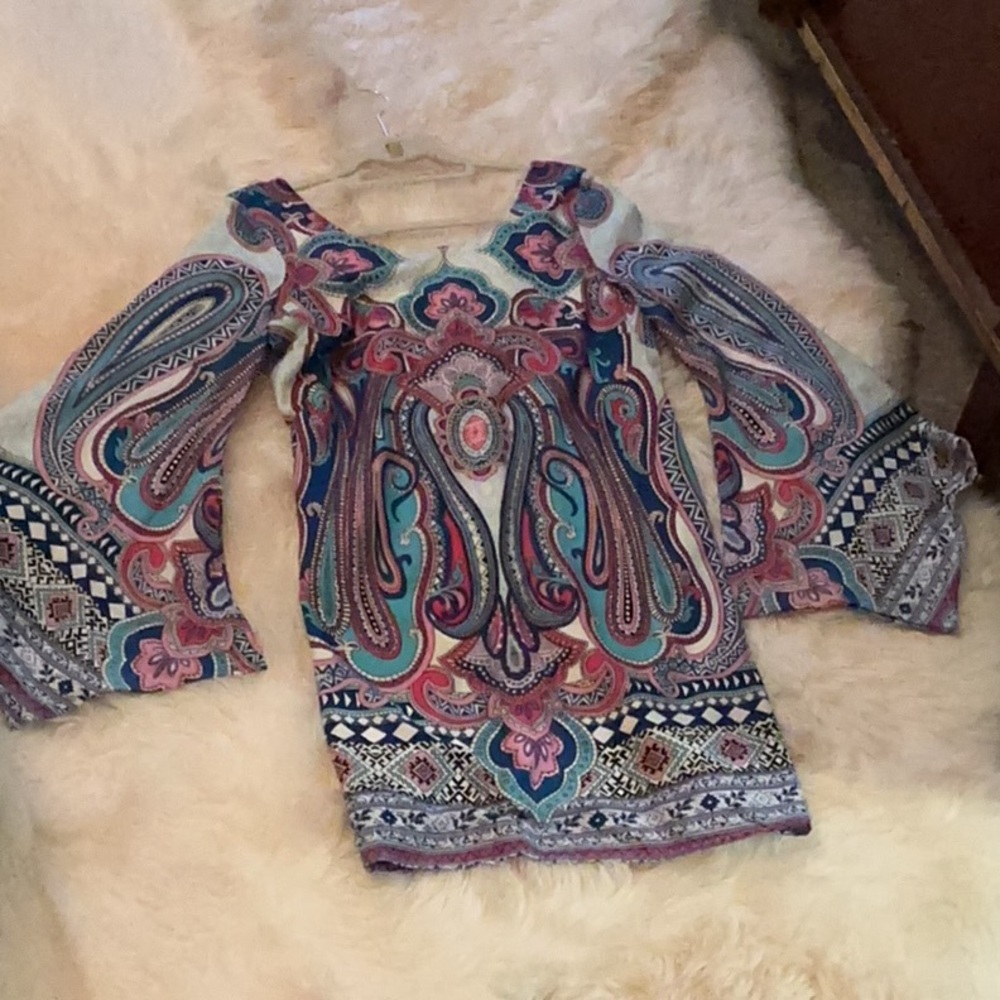 NWOT Pink Owl Apparel Paisley Multicolor Dress w/ Unique Shaped Bell Sleeves - Picture 11 of 15